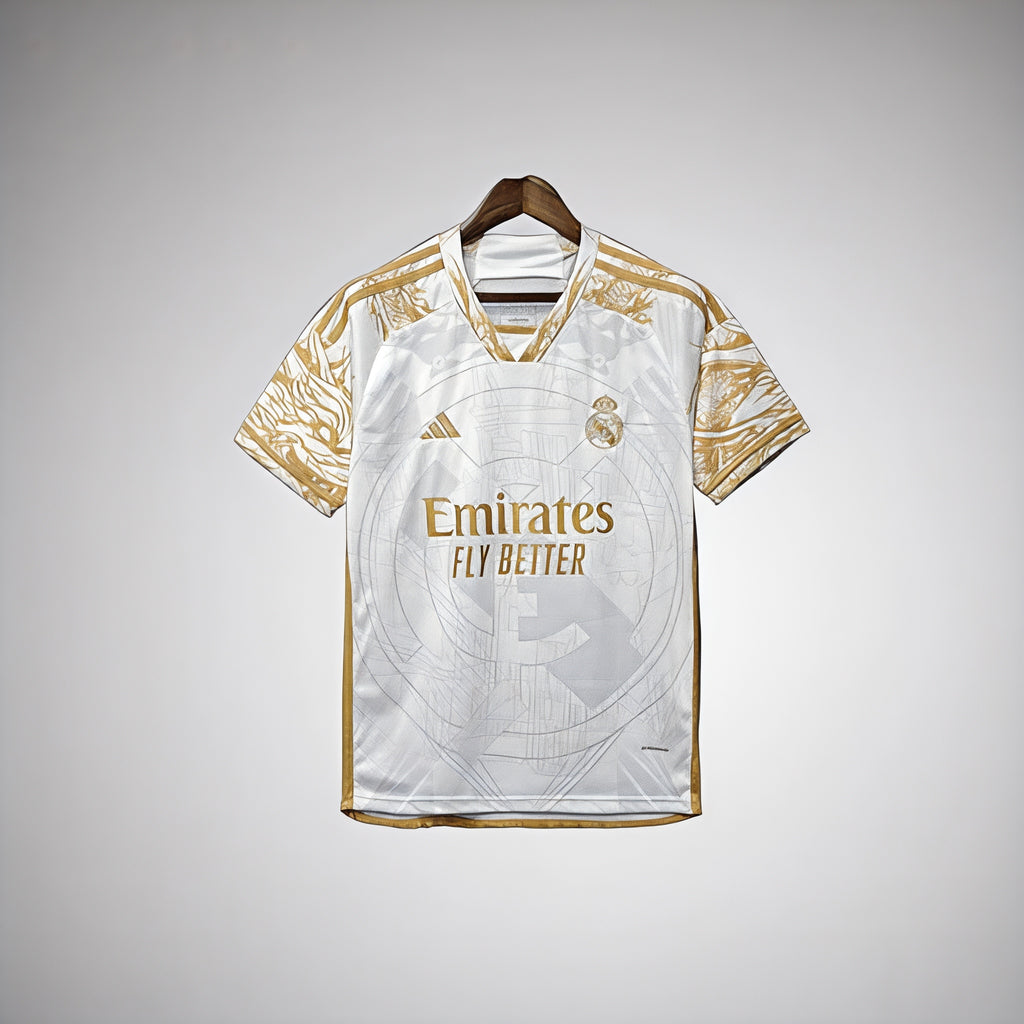Real Madrid Jersey – White & Gold Edition ⚪✨